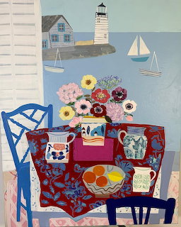 Colorful still life painting with flowers in vases on a red tablecloth, seaside view with lighthouse and sailboats