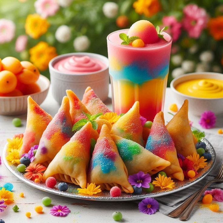 Plate of rainbow-colored triangular desserts with bright layered drinks, fruit, and flowers