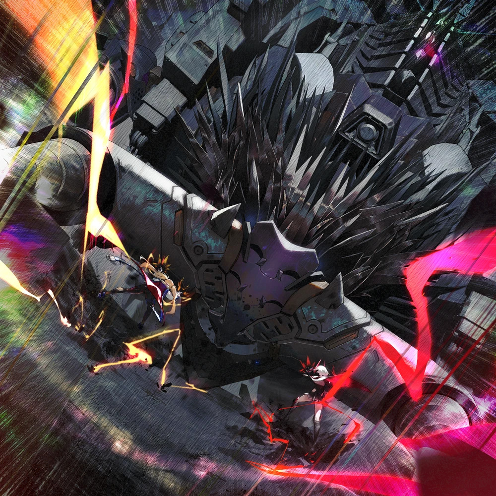 Anime battle scene with characters fighting amid black crystals and colorful energy beams in a futuristic setting
