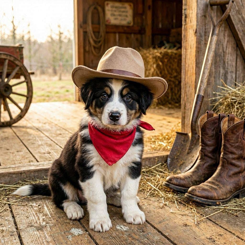 Black and white puppy in a cowboy hat and red bandana sitting in a rustic barn