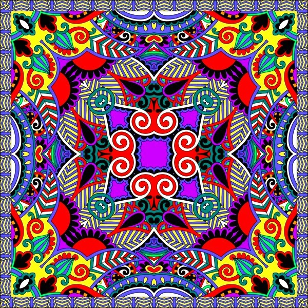 Colorful symmetrical mandala with intricate patterns and bright rainbow hues in geometric kaleidoscope design