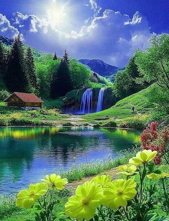 Mountain waterfall flowing into turquoise lake surrounded by green hills, flowers, and a small cottage