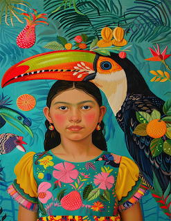 Colorful illustration of a young girl in a floral dress beside a large toucan and tropical foliage.