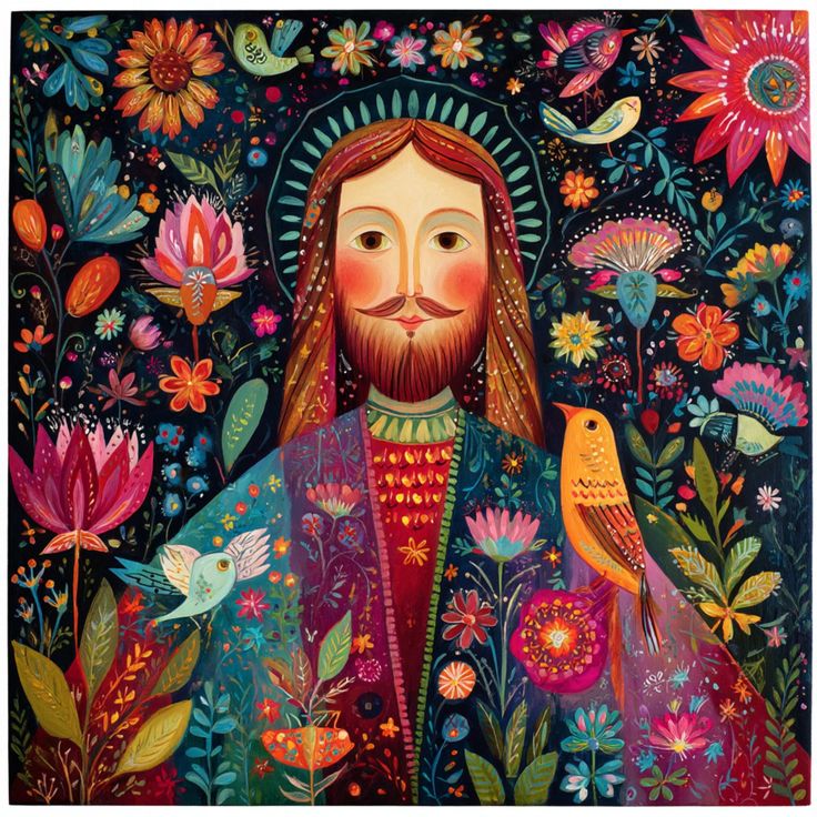 Colorful folk art portrait of Jesus surrounded by flowers and birds