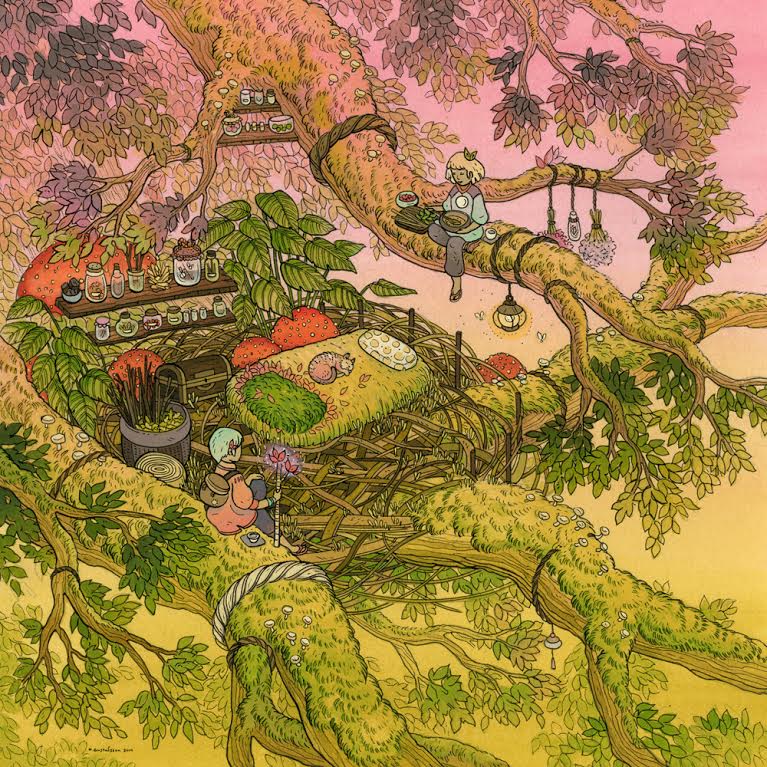 Fantasy illustration of fairy dwelling built into tree branches with dense foliage and flowers