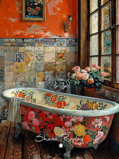 Painted floral clawfoot bathtub in a rustic bathroom with tiled walls and a window