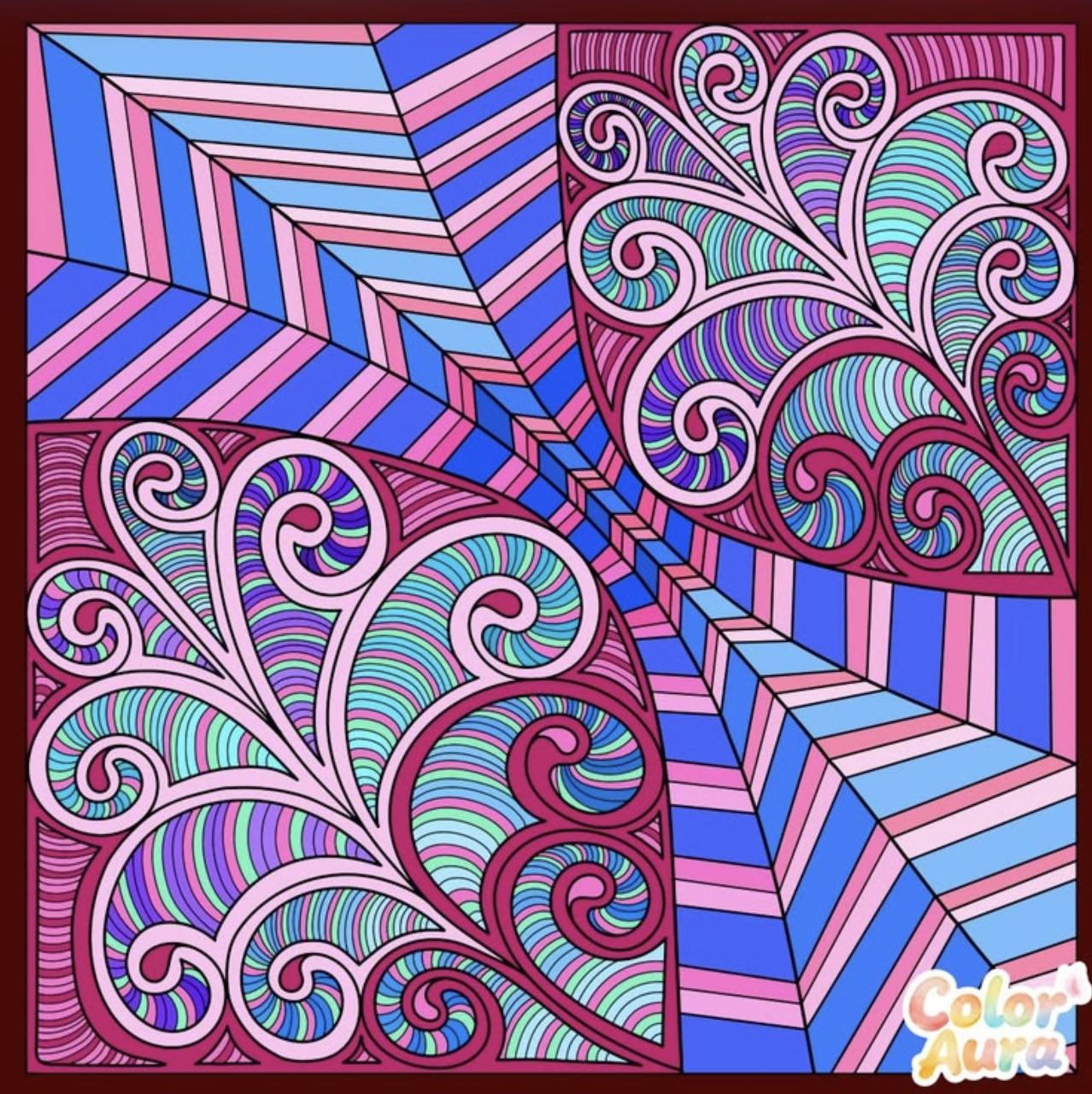 Colorful abstract pattern with swirls and geometric striped shapes in pink, blue, and purple