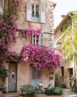 Stone building facade covered in pink bougainvillea with blue shutters and a small bistro table