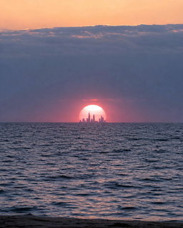 Chicago skyline silhouette against a setting sun over Lake Michigan with clouds above