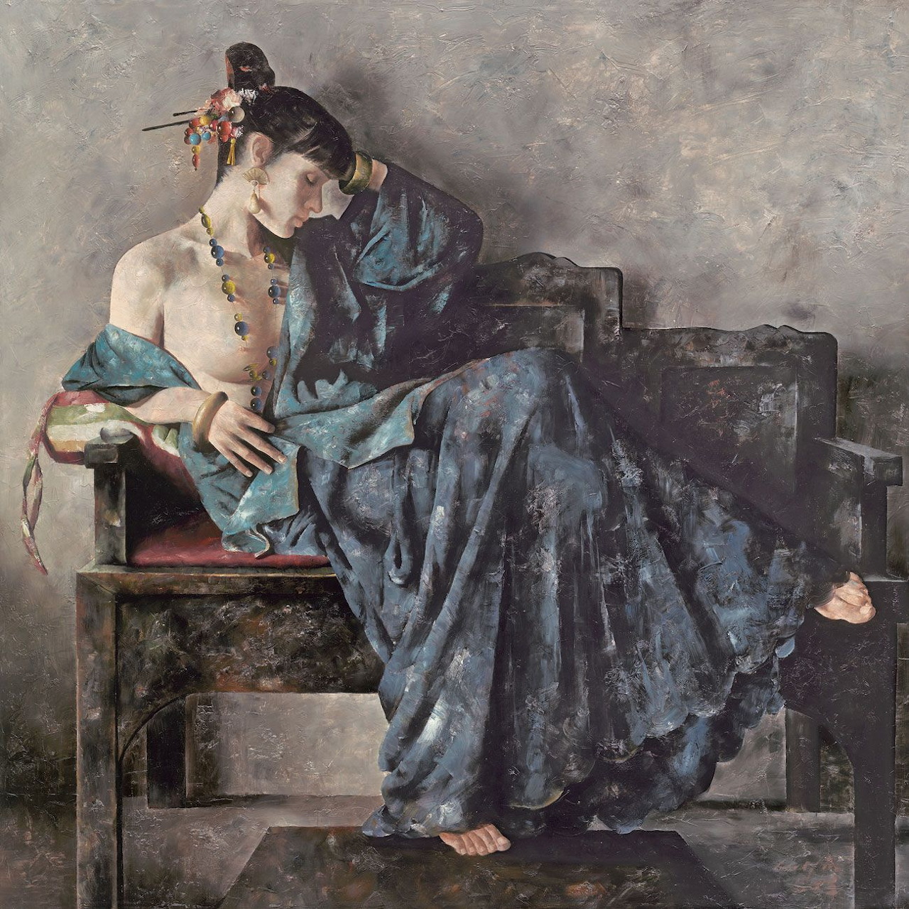 Woman in flowing blue hanfu dress reclining on wooden bench in classical Chinese portrait style