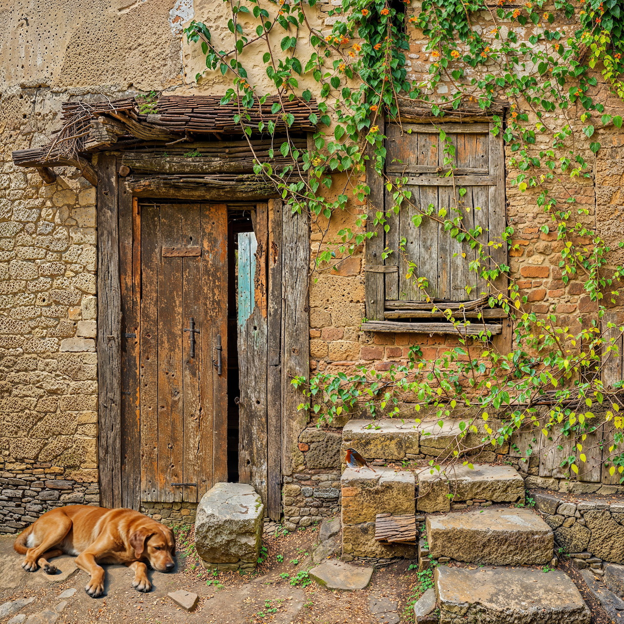 Old stone house entrance with wooden door, ivy on walls, dog lying by doorstep, and small bird on steps