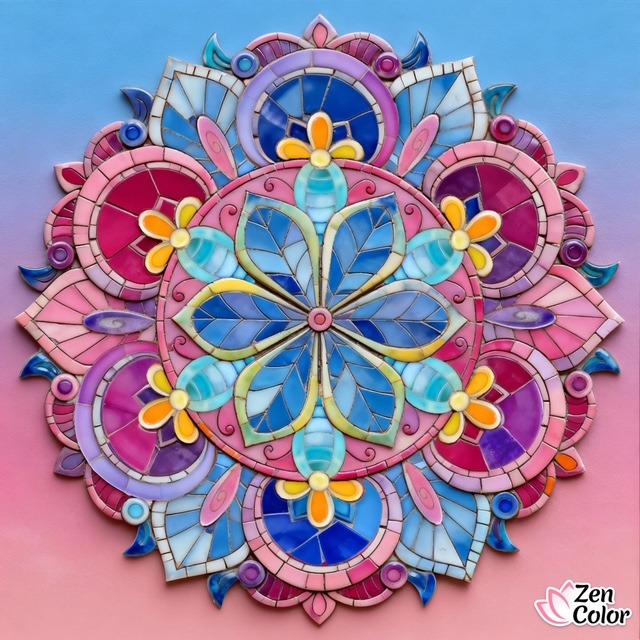 Colorful paper quilled mandala with symmetrical floral design in pink, blue, and yellow tones
