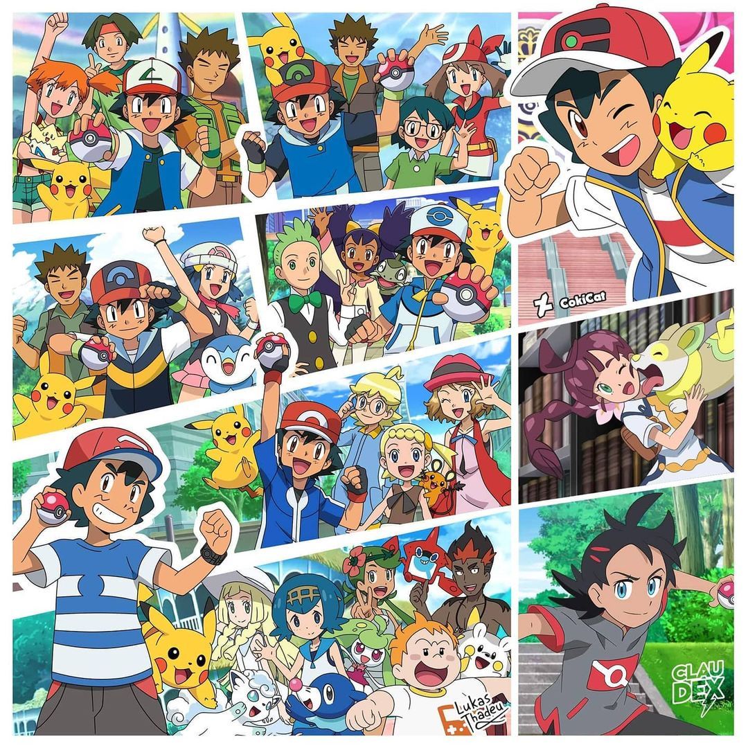 Collage of Pokemon anime characters showing Ash with companions Misty, Brock, Dawn, Iris, Cilan, Goh and Pokemon