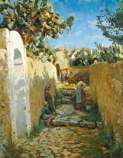 Painting of a sunlit cobblestone alley in Anacapri with stone walls, cacti, and several people