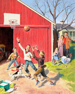 Children shooting basketball at hoop mounted on red barn while others watch in sunny backyard scene