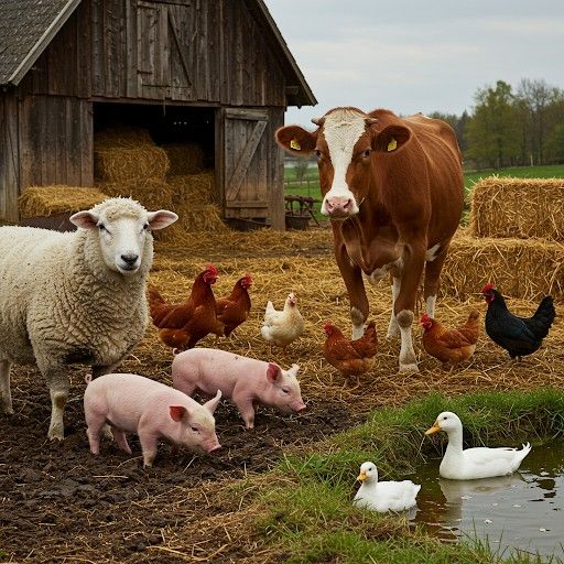 Farm animals including cow, sheep, pig, chickens and ducks near barn with hay bales