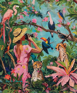 Painting of a woman with binoculars in a tropical jungle with colorful birds, flowers, and two big cats