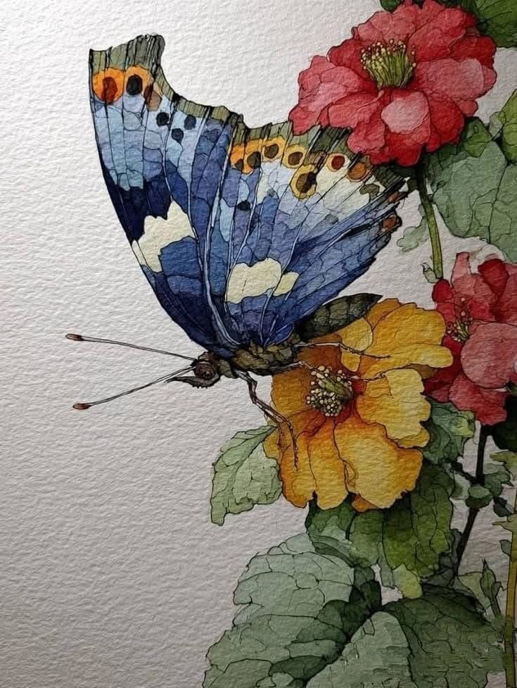 Watercolor painting of a blue butterfly on colorful flowers with red bloms and green leaves