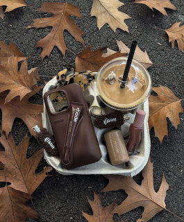 Iced coffee in plastic cup on tray with brown cosmetics surrounded by fallen autumn oak leaves