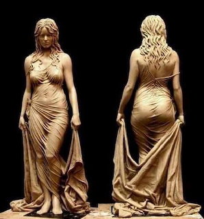 Two views of a classical sculpture depicting a woman in draped flowing robes on black background