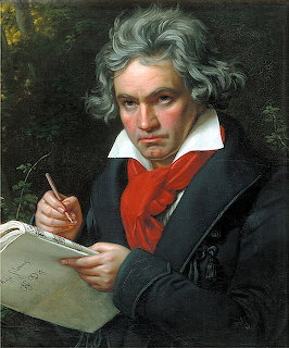 Painted portrait of Beethoven holding a pen over sheet music, wearing a dark coat and red scarf