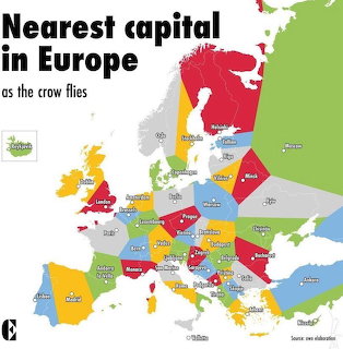 Colorful illustrated map of Europe with capital cities and distance labels