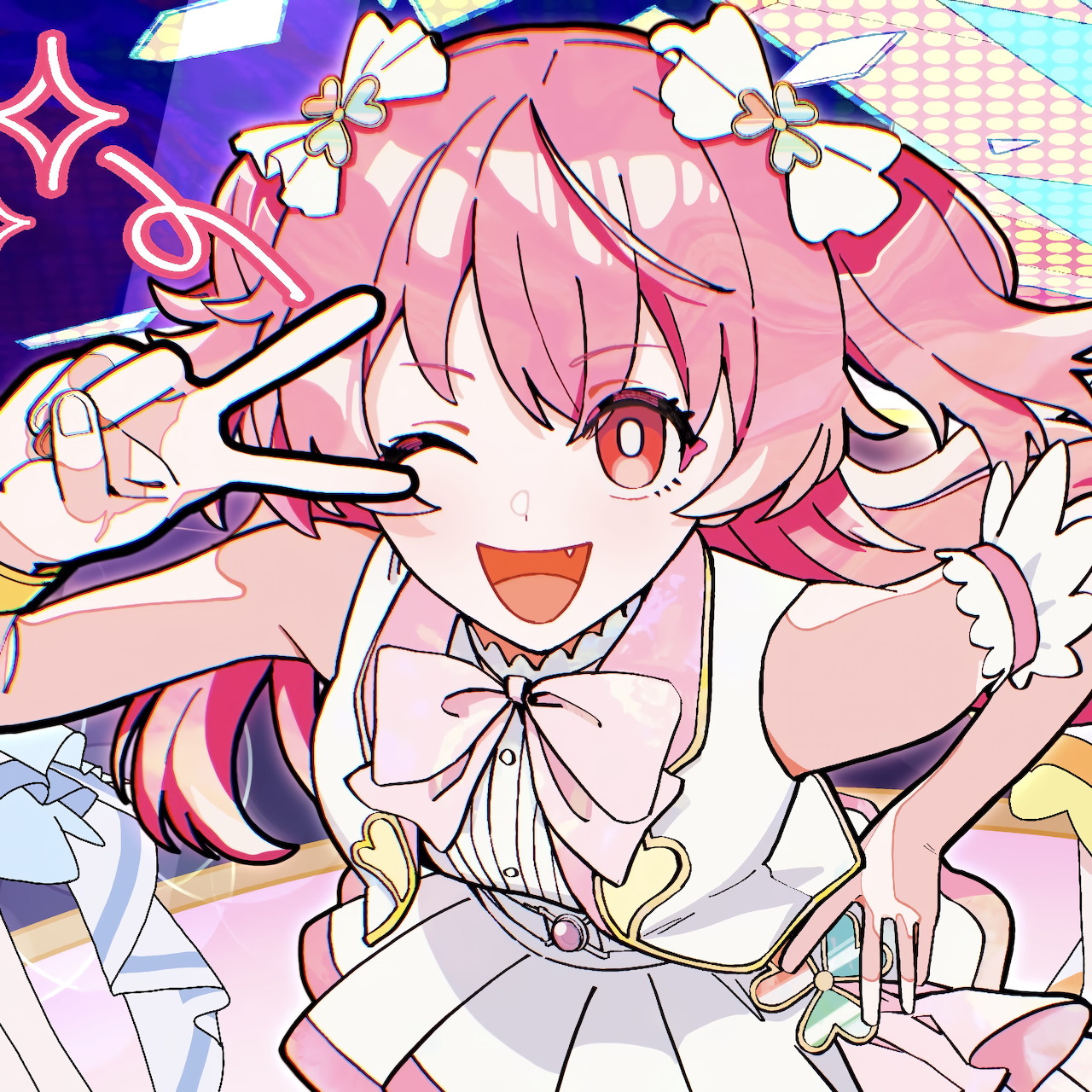 Anime idol girl with pink hair and cat ears making peace sign gesture in white stage outfit against colorful geometric background