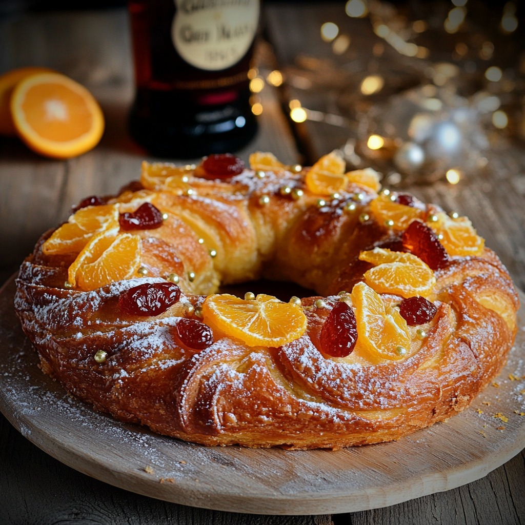 Ring-shaped brioche cake decorated with candied oranges and cherries on wooden board