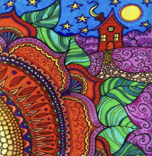 Abstract landscape with patterned hills, green leaves, house, moon and stars in vibrant colors