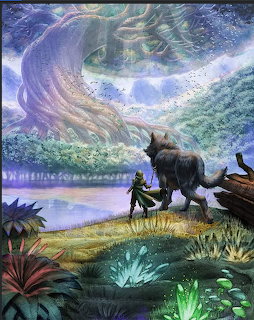 Fantasy painting showing a figure standing beside a large wolf under a swirling pastel sky by a lake