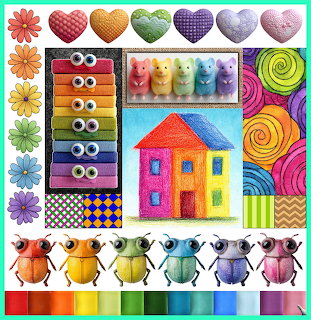 Bright collage with rainbow-colored house, hearts, flowers, ladybugs, and swirls arranged in a cheerful grid pattern