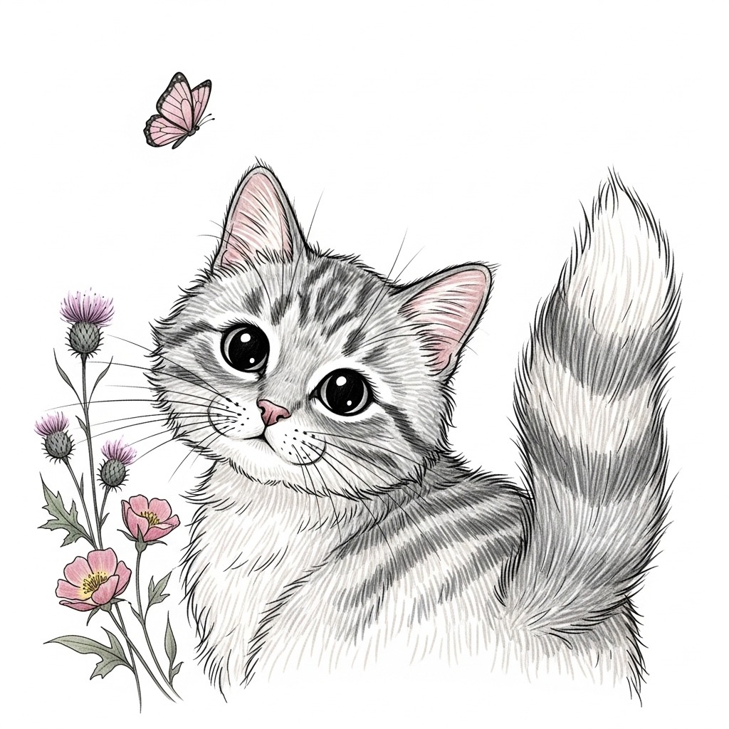 Illustration of a gray tabby kitten with flowers and a butterfly on a white background