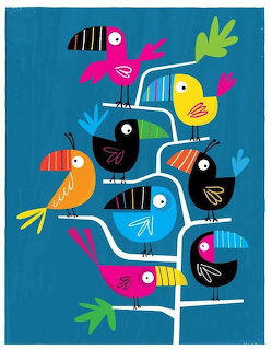 Colorful illustrated birds perched on white tree branches against a blue background