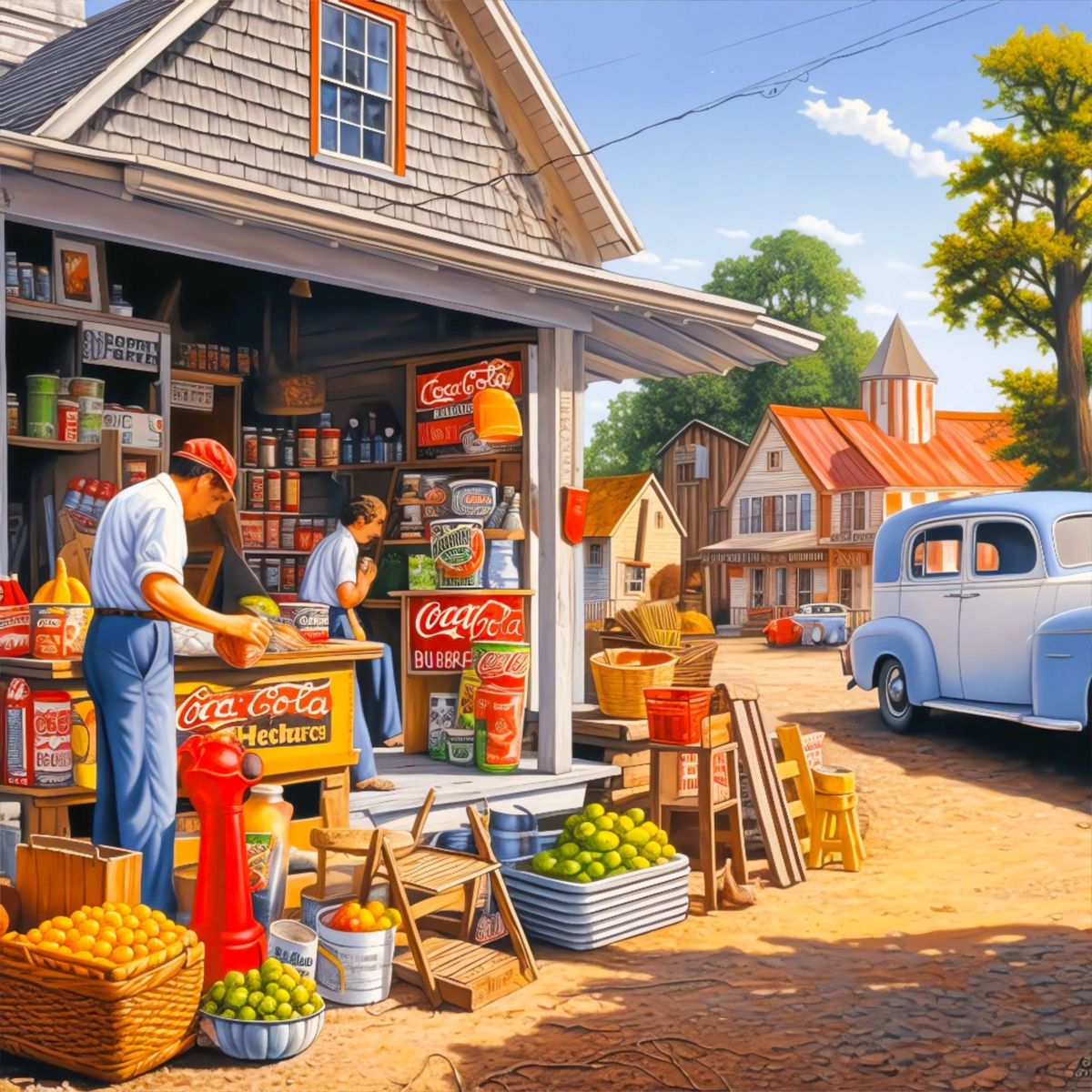 Vintage general store with people shopping, classic truck, and Coca-Cola signs in a sunny small town street scene