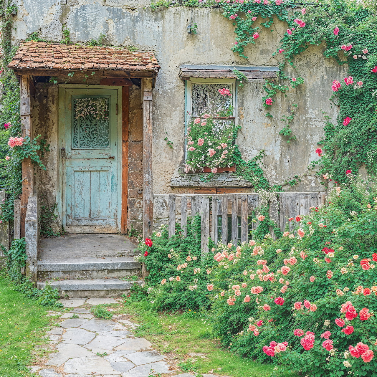 Weathered cottage with blue door, climbing pink roses, stone path through garden