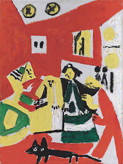 Picasso's cubist painting Las Meninas with angular figures in red, yellow, and black on geometric background