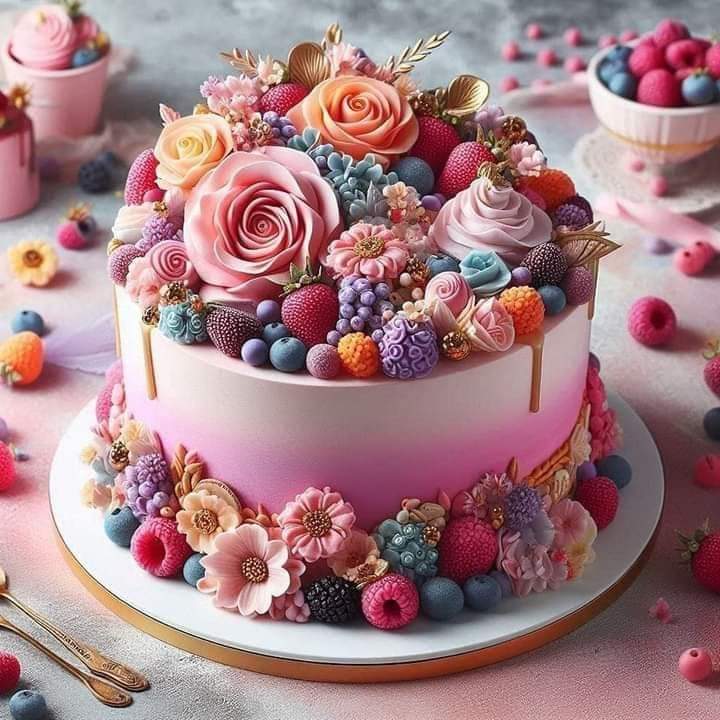 Two-tier cake adorned with sugar roses, berries, and decorative flowers in pink, peach, and pastel tones