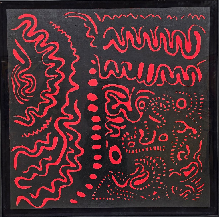 Abstract art with red wavy lines and dots on black background