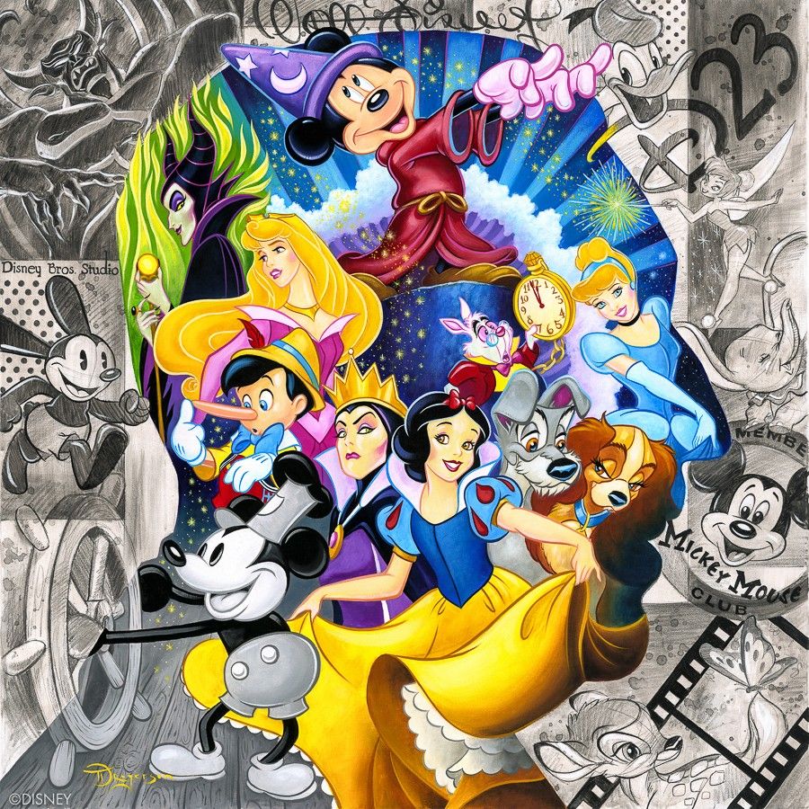Colorful collage of Disney princesses including Snow White, Cinderella, Belle, and others arranged in circular composition
