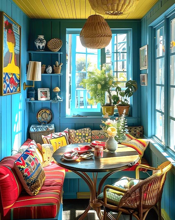 Cozy breakfast nook with teal walls, red cushioned bench, round table, and woven hanging lamp by sunny windows