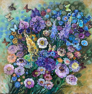 Colorful impressionist painting of abundant wildflowers with butterflies in purple, blue, and pink tones
