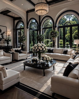 Elegant living room with cream sofas, chandelier, black coffee table, and tall arched windows