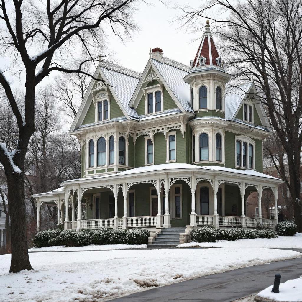 Green Victorian mansion with white trim, tower, and wraparound porch in snowy winter setting