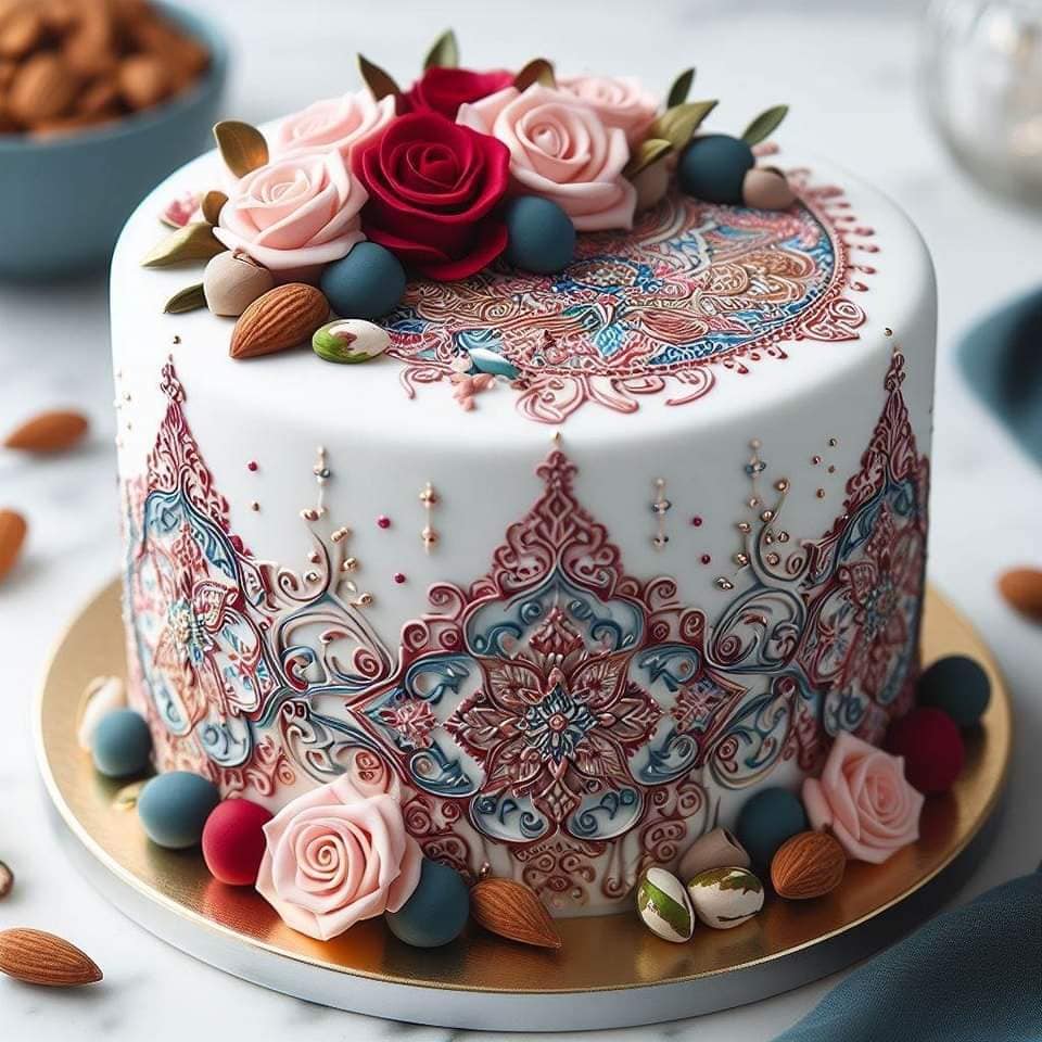White decorated cake with ornate icing, pink and red sugar roses, almonds, and colorful candy