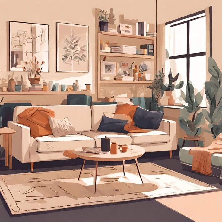 Illustrated cozy living room with sofa, coffee table, shelves, framed art, and indoor plants