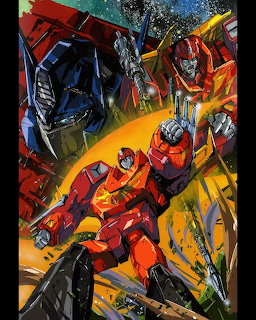 Illustration of red transformer robots in an action scene with bold comic-style colors
