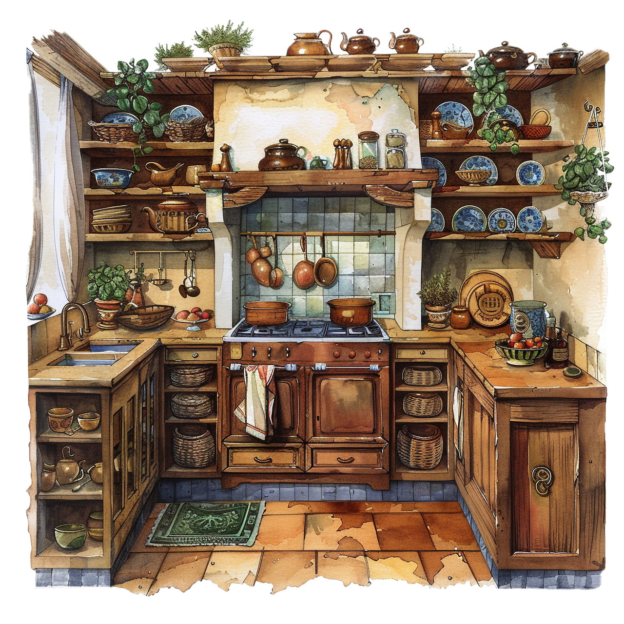 Rustic kitchen with wooden cabinets, open shelves, pottery, plants, and terracotta tiles