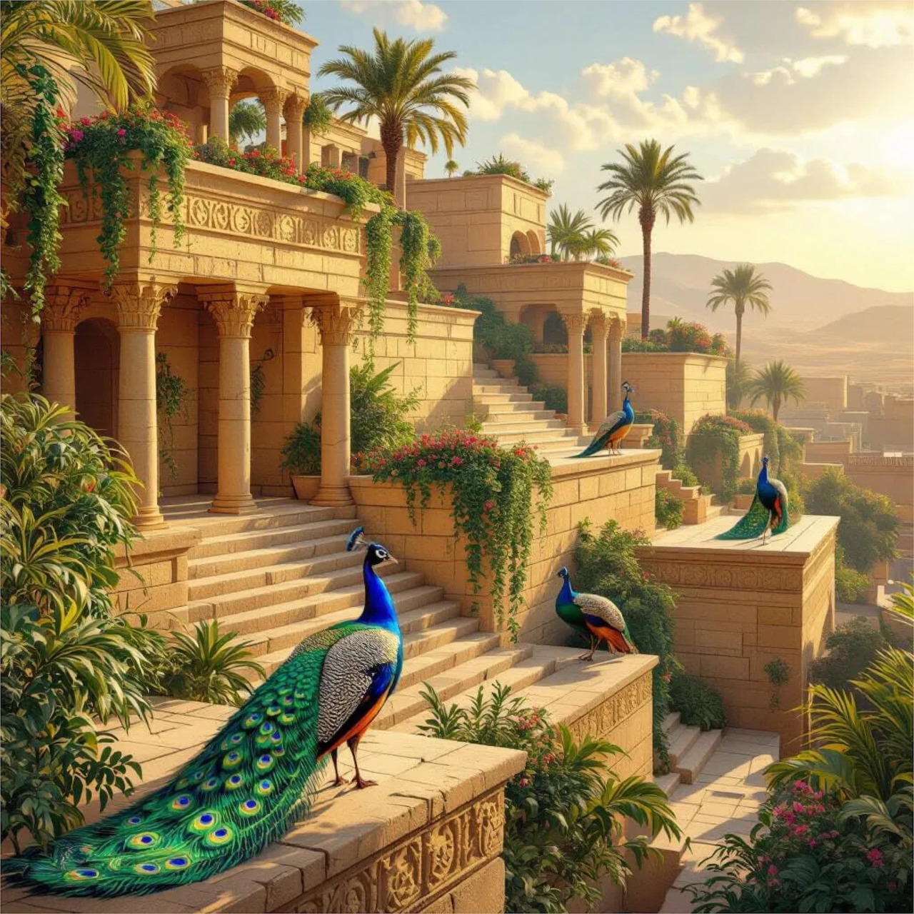 Terraced ancient gardens with peacocks, palm trees, and golden stone architecture at sunset