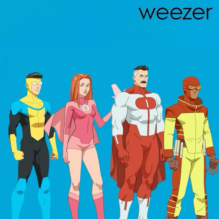 Four Invincible cartoon characters standing under the word weezer on a blue background