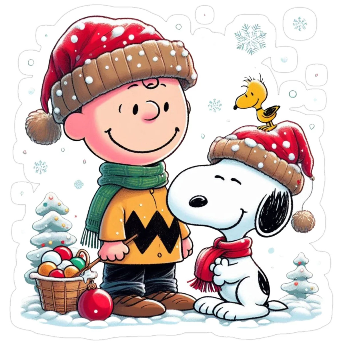 Charlie Brown and Snoopy in Santa hats and scarves with snow and a basket of ornaments